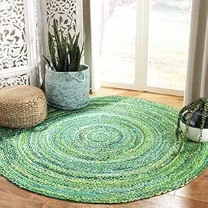 HOUSINE Handwoven Round Jute Design Natural Fibers Braided Reversible Carpet for Living room (Green Cotton, 90 cm - 3 feet)