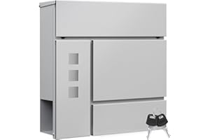 ‎WOLTU WOLTU Briefkasten Postkasten mit Zeitungsfach Sichtfenstern Klappdeckel, Wandbriefkasten abschließbar, mit 2 Schlüsseln, modern, Grau, 37x37x10,5 cm