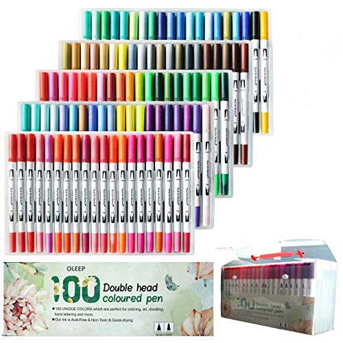 OLEEP - Pennarelli per Acquerello, 100 Colori, con Punta a Pennello da 2 mm e 0,4 mm, Punta fine per Libri da colorare, per Adulti, Manga, Disegno di Pittura