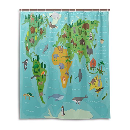 Bad Vorhang für die Dusche 152,4 x 182,9 cm Kids Kinder Tapisserie Tier Weltkarte Cartoon Wildlife Ocean Forest Polyester-Schimmelfest-Badezimmer Vorhang