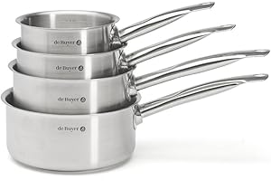De Buyer - Lot de 4 casseroles PRIM'APPETY - 14/16/18/20 cm - Sans PFAS, Inox 18/10 de Qualité Professionnelle, Fond Magnétique Épais pour Cuisson Maîtrisée, Tous Feux + Four, Finition Poli Brossé