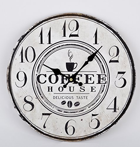 Wanduhr Coffee House Design Vintage Holz 34x34cm schwarz weiss Uhr