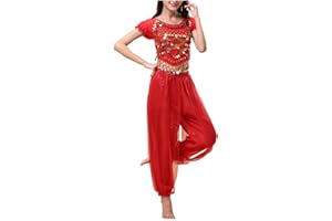 QIRUIRED Bauchtanz Kostüm Damen 2-teilig mit Top und Haremshose Rot Professionelles Tanzkleid für Bühnenperformance Größe M L