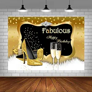 Golden Birthday Photo Backdrop Fabulous Happy Birthday Photography Background Shiny Diamond Dots High Heels Champagnes Party Decorations Supplies Banner for Adults Women Photo Studio Props 5x3ft