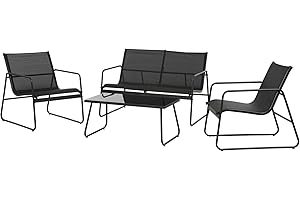Grand patio Set di Mobili in Textilene, Arredamento Giardino Set di 4 Pezzi, con Tavolino in Vetro, 2 Sedie e Panchina, Ideale per Giardino, Cortile e Terrazzo (Scuro)