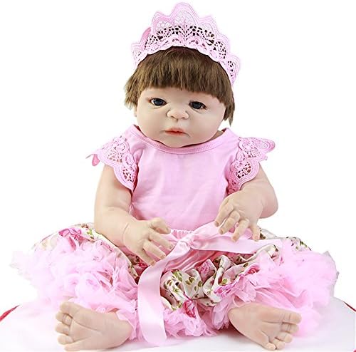 Soft 23 inches 57cm Reborn Baby Dolls with Mohair or Synthetic Hair Dressed Pink Skirt Lifelike Full Silicone Dolls Xmas Girl Gifts Birthday Christmas Holiday Gift Reduce Anxiety Help Autism Pregnant Women