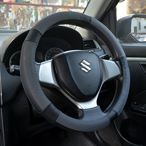 Oshotto SC-001 Leather Steering Cover Compatible with Ford-Eco-Sport (Black and Grey)