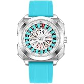 The Watch Company Luxury Casino Roulette Dial Watch, Silver Case, Black & Blue Silicone Band, Unique Playing Cards Design