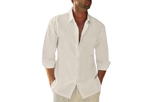 Friptspyg Hommes Chemise Lin Coton Manches Longues Bouton Bas Coupe Regular Casual Chemise de Plage Regular Fit Chemises L'été avec Poche