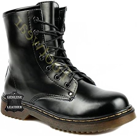 NEW LADIES WOMENS GIRLS UNISEX GENUINE REAL LEATHER ANKLE DOC BOOTS CLASSIC 7 EYELET RUBBER GRIP SOLE BLACK PATENT SHOES SIZE 5