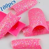 TOOGOO(R) 100 Pcs Glitter Nail Tips Stunning Glitter Super Pink Acrylic French False Nail Art Tips