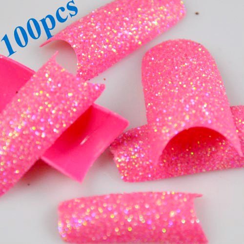 TOOGOO(R) 100 Pcs Glitter Nail Tips Stunning Glitter Super Pink Acrylic French False Nail Art Tips