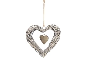 MATCHES21 HOME & HOBBY matches21 - Cuore decorativo in vimini intrecciato, in vimini e legno con cordino per appenderlo, 1 pezzo grigio, 25 x 25 x 4 cm.