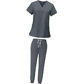 Harilla Scrub Set for Women Nurse Workwear Neckline Professional Machine Washable Top and Jogging Bottoms Grey L