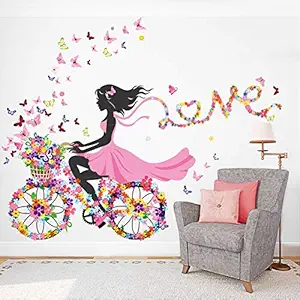 StickMe Cycling Girls - Love - Butterfly - Flowers - Decorative - Creative - Colorful - Wall Sticker -SM741 (Multi Colour, Vinyl - 110cm X 100 cm )