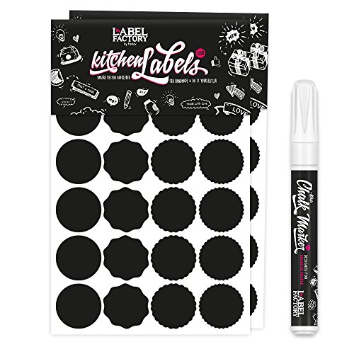 the LABLE FACTORY · 48 Kitchen Labels, rund & 1 Kreidemarker, weiß 1mm Präzisionsspitze / 4mm Keilspitze | flüssiger Kreidemarker | Küchen Etiketten, Gewürz- & Tafel Aufkleber zum Beschriften - 2