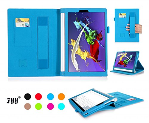 [Ecke Schutz] Lenovo Yoga Tablet 10 Zoll Hülle Tasche, Fyy hochwertige umweltfreundliche KunstlederHülle (Tasche Schutzhülle Case Cover Etui) mit Standfunktion/Aufsteller mit Fach für Kreditkarten elastische Handschlaufe Stift-Haltung (mit automatischer Schlaf/ Weck-Funktion) Blau für Lenovo Yoga Tablet 2 10 Zoll