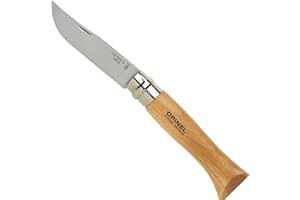 OPINEL, Nóż nr 9, stal nierdzewna martenzytyczna, łatwa pielęgnacja, odporny na korozję, uchwyt z bezbarwnego lakierowanego buku, ostrze Yatagan 9 cm, z podwójnym pierścieniem zabezpieczającym