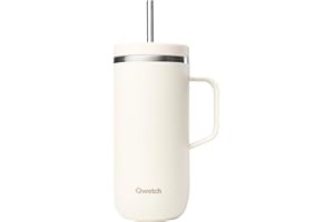 QWETCH - Cold Cup 600ml avec Poignée et Paille - 24h Glacé & 12h Froid - Sable - Gourde Isotherme en Inox, Tasse Thermo Café
