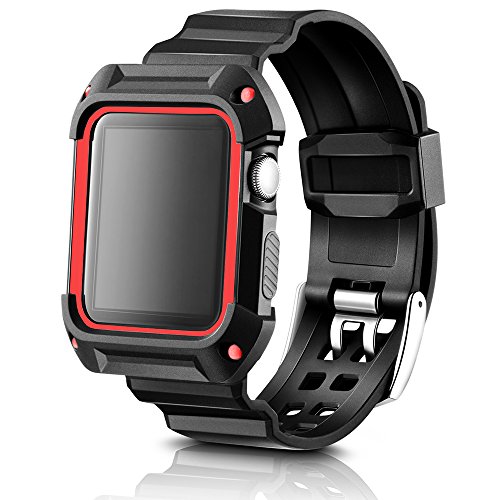 Fatetec Apple Watch Accesorios Correa, Silicona Suave Sport Replacement Strap para iWatch Serie 1 Serie 2 Serie 3 (38MM, Black Red 1)