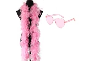 PUZAME Pink Feather Boas with Heart Rimless Sunglasses, 6.6ft Feather Boa for Women Men, Feather Scarf Fancy Dress Craft DIY Accessories for Dancing Wedding Party Cosplay Halloween Pride Hen Do Stag Do