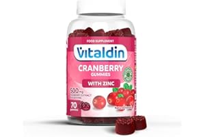 VITALDIN Cranberry Gummies – Integratore di 500 mg di estratto di Mirtillo Rosso + Zinco – 70 Caramelle Gommose, Gusto Mirtilli Rossi – Aiuto delle Vie Urinarie – Vegano