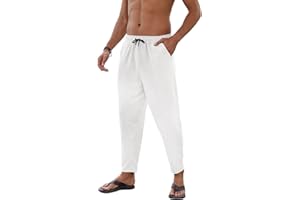 Yutdeng Pantaloni da Uomo in Lino Estivi Casual Pantaloni Elasticizzati Leggeri da Yoga Spiaggia Vacanze Pantaloni Larghi Pantaloni con Tasche e Coulisse Elastico Pants