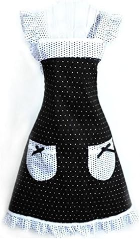 Musuntas Cute Princess Style Dots Pattern Falbala Women decorative kitchen cooking apron with 2 pockets Bowknot (Black + White)