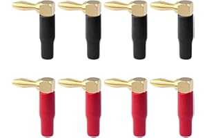 VCELINK Wtyczki bananowe 90 stopni 4 pary / 8 szt., kąt prosty 4 mm złącza głośników do przewodu głośnika, gniazd, wzmacniacza, typ podwójnej szyjki w kolorze czerwonym i czarnym