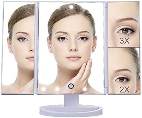 DELIPOP 21 LED Lighted Makeup Mirror, 1X/2X/3X Magnifying Vanity Mirror with 180 Degree Rotation, Dimmable LED Touch Screen Dressing Table Mirror