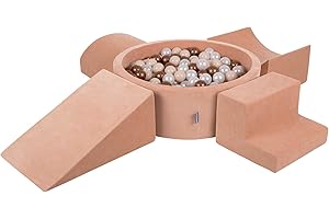 KiddyMoon Spielplatz Velvet Aus Schaumstoff Mit Samt Rund Bällebad (200 Bälle) + Version 5 Ballgruben Für Babys Spielbad, Hergestellt In EU, Pastellbeige/Kupferrot/Perle