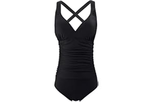 F FLYRONG Women's Swimming Costume Ruched Tummy Control Swimwear V Neck One Piece Cross Strap Swimsuit, UK 12-14, Black