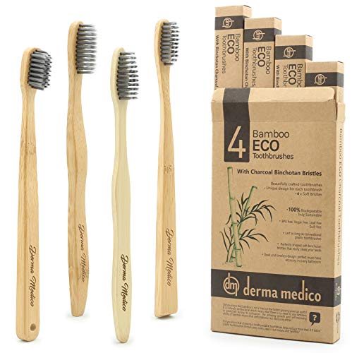Spazzolino da denti di bambù carbone di Derma Medico Confezione di 4 spazzolini da denti di bambù meravigliosamente lavorato Setole di carbone nero morbido