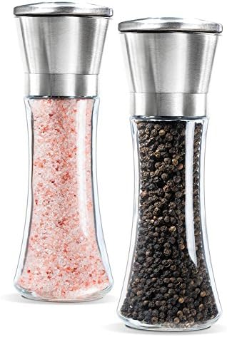 Werded Premium Salt and Pepper Grinder Set, Salt and Pepper Mill Grinder with Adjustable Ceramic Coarseness, Brushed Stainless Steel and Glass Body Shakers for Kitchen Cooking and Barbecue (2 Pack)