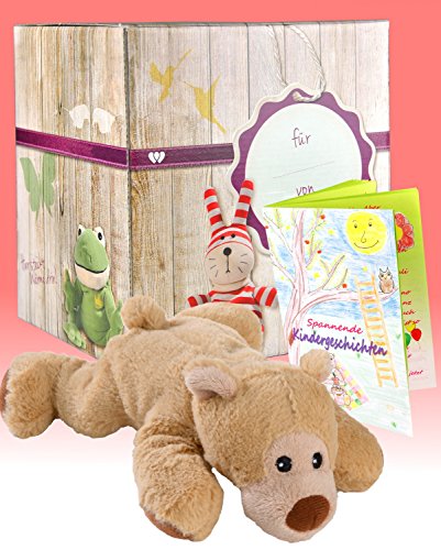 Preisvergleich Produktbild Warmies Geschenkset - Minis Bär liegend mit Lavendelduft Wärmekissen + Edle Geschenkverpackung + Büchlein mit spannenden Kindergeschichten