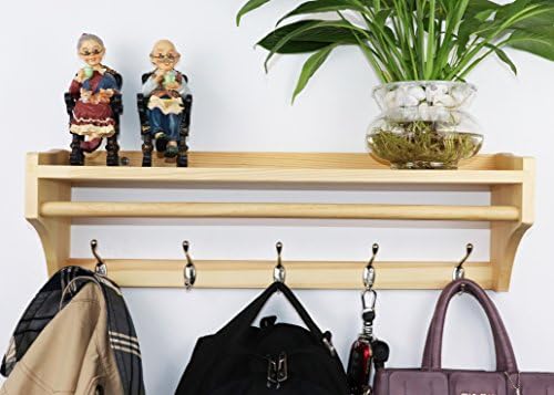 Coat Rack Wall Mounted Pine Wood Solid Wooden Hanger Simple Modern Multifunctional entryway Shelf Display Storage(Wood color, 5 hooks = 65.5cm)