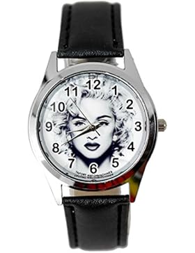 taport® Madonna Quarz Runde Uhr Schwarz Echt Leder Band BW Zifferblatt + Gratis Ersatz Batterie + Gratis Geschenkverpackung