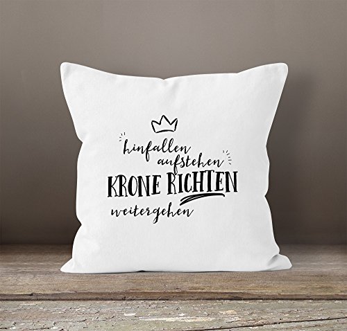 Kissenbezug mit Spruch, hinfallen aufstehen Krone richten weitergehen, Kissen-Hülle aus Baumwolle 40×40, Baumwolle Moonworks® weiß unisize - 2