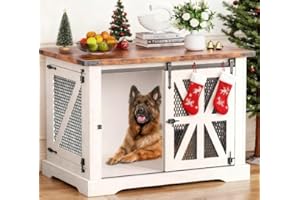 OCTORO Hundekäfig, 110 cm Hundebox, Dreitüriger Hundekäfig für zu Hause, Schiebetür, Modernes Holz-Hundehäuschen, Mittlere und Große Hunde, Verstärktes Eisennetz, 110x74x81 cm, Weiß