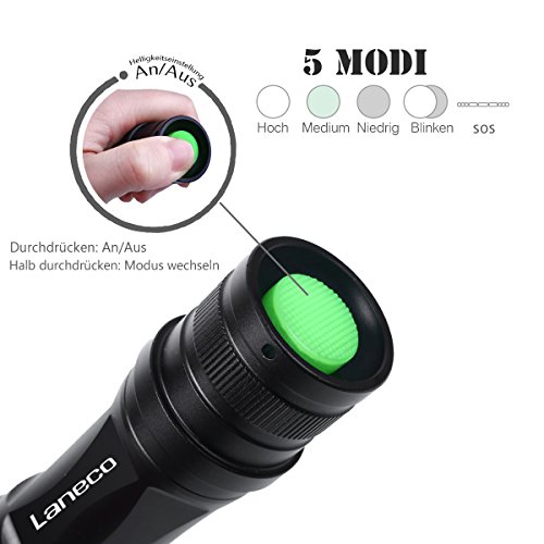 Laneco E6 Wiederaufladbare LED Taschenlampe, Super Hell Taktische Taschenlampe mit 18650 Li-Ionen-Akku und Ladegerät, Tragbare Wasserdichte Taschenlampe mit Einstellbarem Fokus und 5 Lichtmodi für Campen Wandern usw - 5