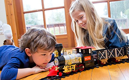 MOTA Classic Holiday Train Set with Real Smoke - Authentic Lights, and Sounds - A Full Set with Locomotive Engine, Cargo Cars, Tracks and Christmas Spirit