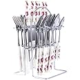 MGeezz Stainless Steel Spoons, Forks & Knives Set of 24 with Stand and Ceramic Handle (Pink Rose)