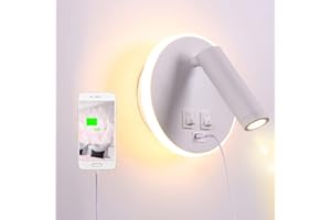 TWSXTE Applique da comodino orientabile Porta di Ricarica USB Lampada da Parete camera da letto Faretto da camera da letto luce per la lettura 3000K (3W + 9W)