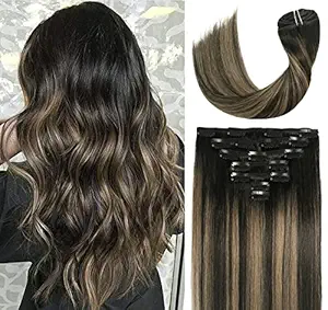 Clip In Human Hair Extensions Thicken Double Weft 7A Brazilian Hair 120g 7pcs Natural Black to Chestnut Brown Highlight Black Full Head Silky Straight 100% Human Hair Clip In Extensions 22 Inch