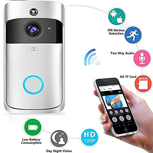 Kobwa WiFi Smart Sonnette, Carillon vidéo sans Fil HD 720p WiFi Camera vidéo en Temps réel Audio Bidirectionnel Vision Nocturne Détection de Mouvement Voleur Rappel iOS, Android, Windows (Argent)
