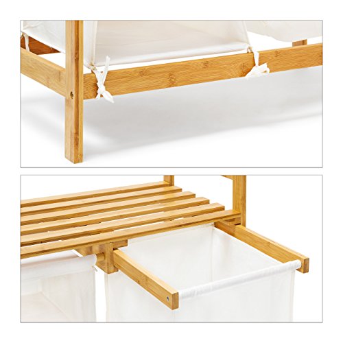 Relaxdays Wäschesammler Linea Bambus HxBxT: ca. 77 x 69,5 x 36 cm Wäschepuff mit 40 Litern Volumen 2 Ablagen und 3 Fächern als Wäschebehälter mit Wäschesack aus weißem Stoff und 2 Griffen, natur - 6