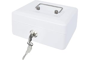 PACOLO Steel Cash Box with Key Lock, Metal Small Money Organizer with Money Tray,Cash Storage Box with Lockable Cover (White-15 * 12 * 8 CM)