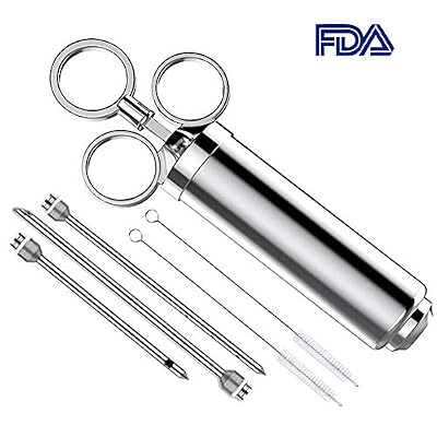 Cenow Injecteur à Marinade Seringue Alimentaire seringue Marinade en INOX 304 pour Marinade à Saveur de Bœuf à la Dinde BBQ 60 ML 2 oz avec +3 Aiguilles +4 Joints de Rechange+2 Pinceaux