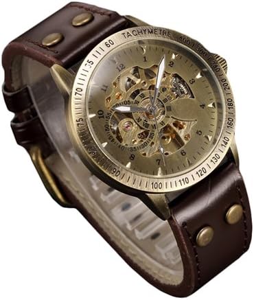K9Q Men Vintage Automatic Mechanical Bronze Skeleton Leather Analog Wrists Watch