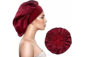 IMAXWAVE Gorro de satén para dormir cabello rizado con banda elástica ancha, anti frizz, protector de rizos y retención de humedad para mujeres y niñas, Gorro de ducha, Elástico, Rojo